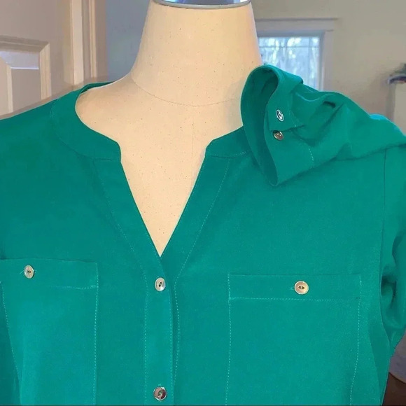 Susan Graver Plus Size 18W Roll Tab Sleeve Tunic Blouse Band Collar Button Front - Picture 9 of 11